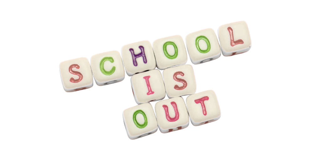 beads with color letters spelling "SCHOOL IS OUT" on white background