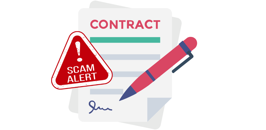 Image of a contract with a scam alert stamp on top.
